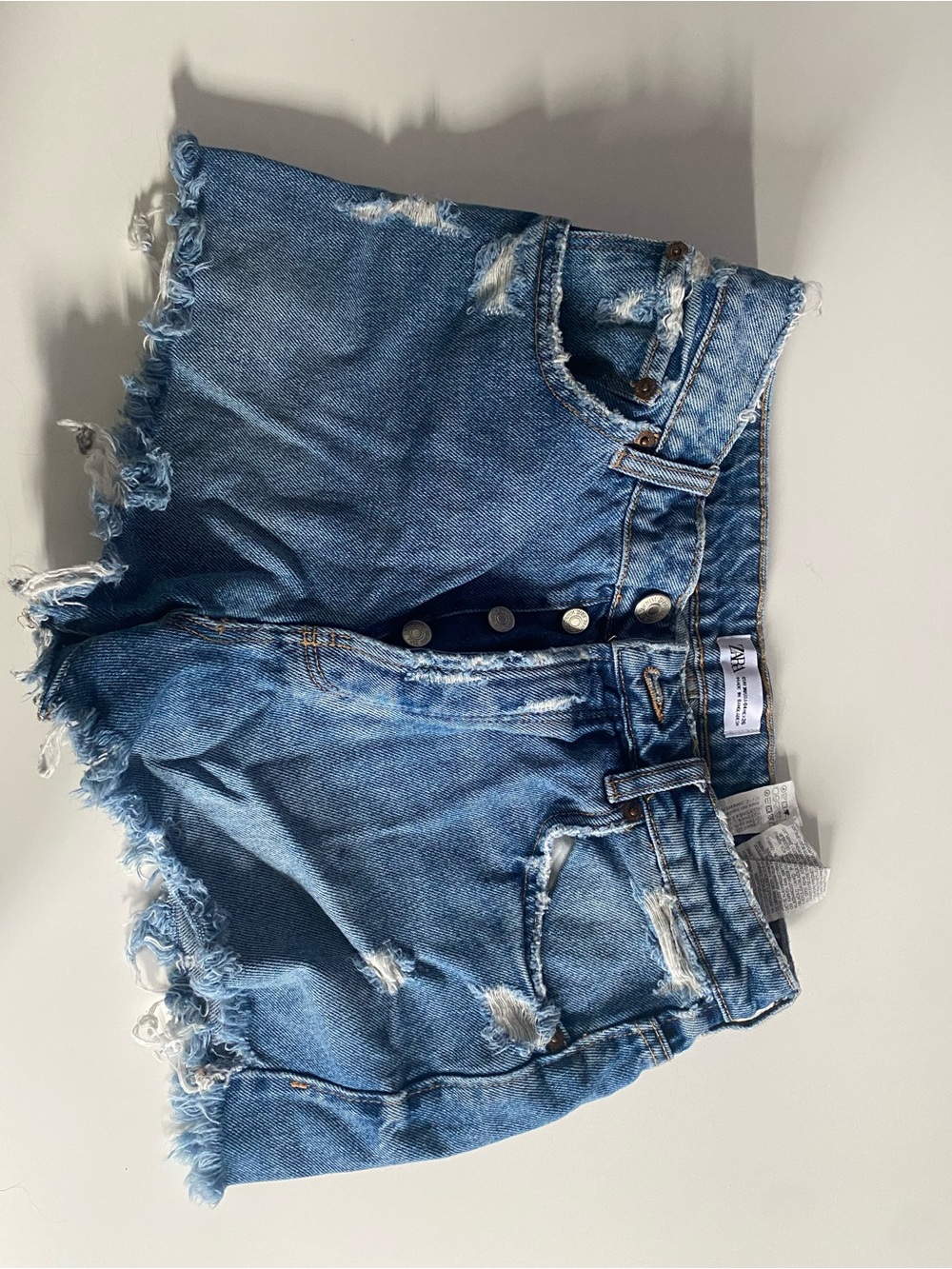 Zara Mid-Blue Distressed Denim Button-Fly Shorts